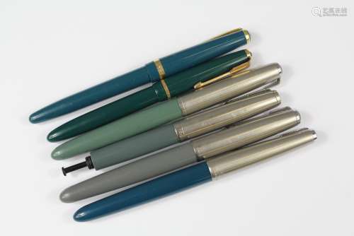 Collection of Vintage Parker Pens, including three Parker 51 Fountain Pen in grey and three in green