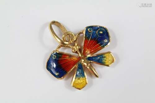 An 18ct Yellow Gold Enamel Butterfly Pendant, approx 20 x 15 mm, stamped to the suspension loop, approx 3 gms