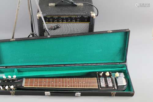 Jedson Steel Slide Guitar with Cruiser Amplifier (played by David Gilmore of Pink Floyd), with a chrome-plated music stand