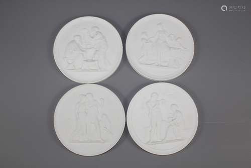 Four Royal Copenhagen Bisque Plaques: the plaques depicting classical figures approx 15 cms dia