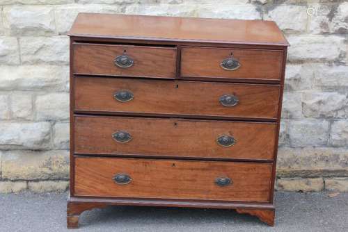 Antique Mahogany Chest of Drawers, with two short and three long drawers, on bracket feet, with brass handles, approx 108w x 52d x 105h (foot on the right front is missing