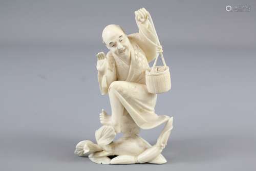 A 19th Century Japanese Okimono - Man with a Basket, approx 12