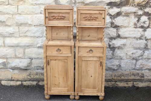 Two Single Pine Cupboards: the cupboards have a galleried top with carved door approx 40 x 17 x 45 cms, and a single shelf, beneath are two shelf cupboards approx 41 x 32 x 80 h