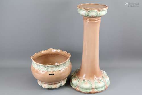 Blakeney Stoke on Trent Ceramic Jardiniere, with peach-coloured glaze, approx 58 cms with a stand approx 22 cms