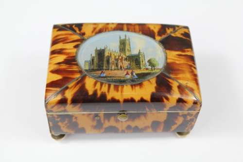 A Victorian Tortoiseshell Rectangular Trinket Box, the hinged cover depicting Gloucester Cathedral, approx 8 cms d x 5