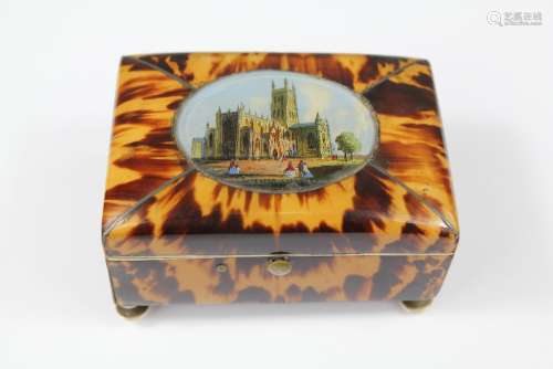 A Victorian Tortoiseshell Rectangular Trinket Box, the hinged cover depicting Gloucester Cathedral, approx 8 cms d x 5
