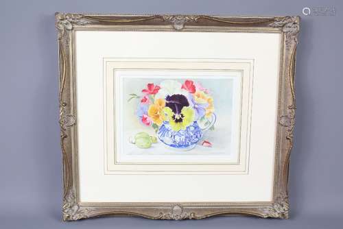 Filippa Whitford: Water-colour painting depicting 'Pansies and Grapes in Blue Jug', approx 17