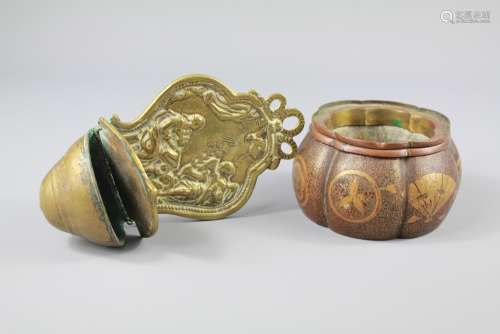 Antique Brass Holy Water Stoup, embossed with a scene from 'The Annunciation' and 'The Birth of Christ' together with a Japanese lacquered melon-form senser depicting fans and Buddhist symbolism