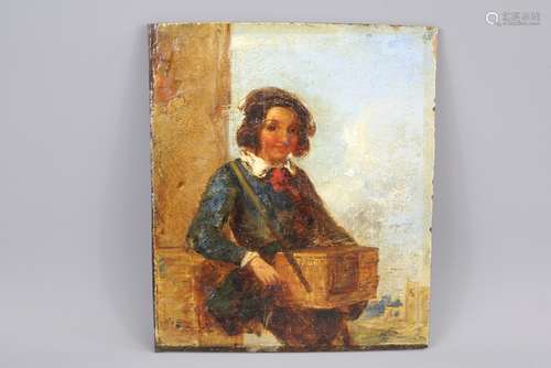 A 19th Century Italian Oil on Oak Panel, depicting a 'Street Vendor', approx 20 w x 23