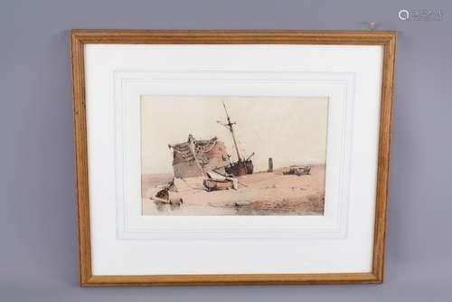 An Early 19th Century Print, depicting a ship hull and lobster baskets, approx 29 x 19 cms, framed and glazed