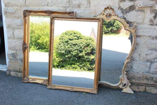 Decorative Living - Three Large Gilt=Effect Mirrors, approx 120 x 80 cms with a foliate frame, the second 72 x 103 cms with rectangular frame and the third 77 x 109 cms with rectangular frame