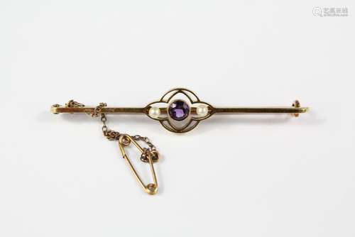 Antique 15ct Amethyst and Seed-pearl Bar Brooch, the amethyst approx 4