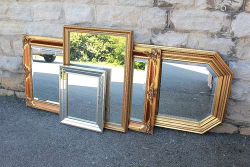 Decorative Living - Four Gilt-Effect Mirrors, a large rectangular mirror with bevelled glass approx 68 x 125 cms, the second a small glass mirror approx 50 x 40 cms, the third 56 x 80 cms and fourth approx 58 x 80 cms