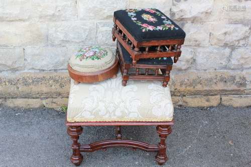 Decorative Living - Three antique footstools with embroidered tops together with a contemporary ottoman