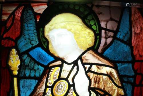 An Antique Stained Glass Window: the window depicting The Angel Gabriel, approx 120 x 55 cms