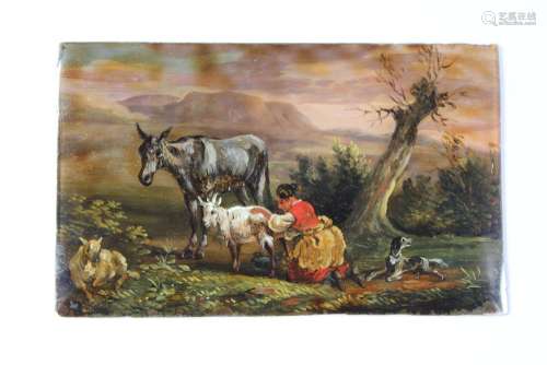 A Fine Victorian Miniature Painting on Glass: depicting a pastoral scene, approx 6 x 9 cms