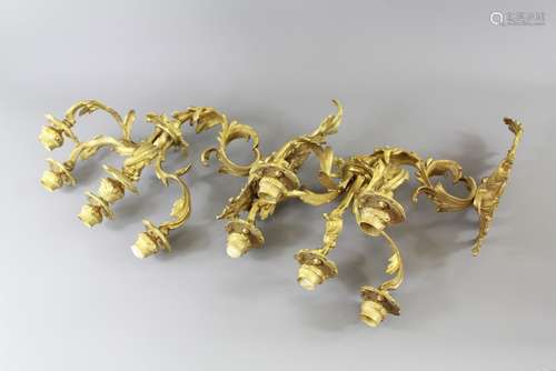 A Pair of Antique Foliate Brass Five Branch Wall Candelabra, approx 45 cms h