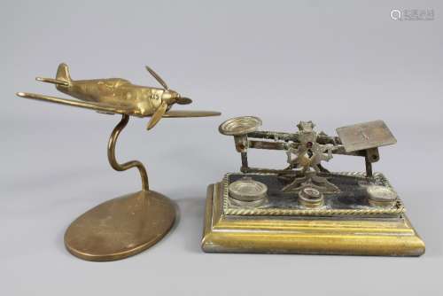 A Set of Victorian Brass Mordan & Co Postal Scales and Weights together with a brass Spitfire paperweight
