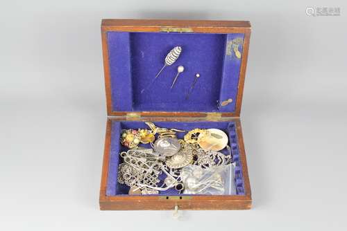 A Box of Miscellaneous Jewellery: the lot contains some silver and salt spoons together with six silver rings