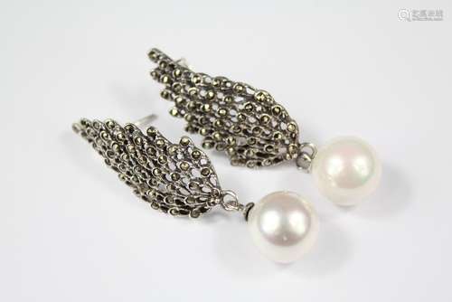 A Pair of Freshwater Pearl and Marcasite Earrings, approx 5 cms l