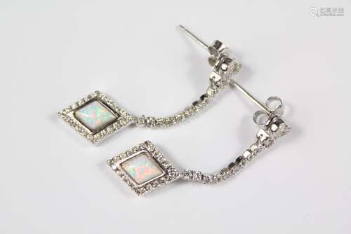 A Pair of Silver CZ and Opal Panel Earrings, approx 40 mm