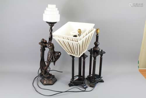 Decorative Living - A Pair of Lamp-bases, approx 40 cms h together with a figural lamp base in the 1920's style approx 50 cms