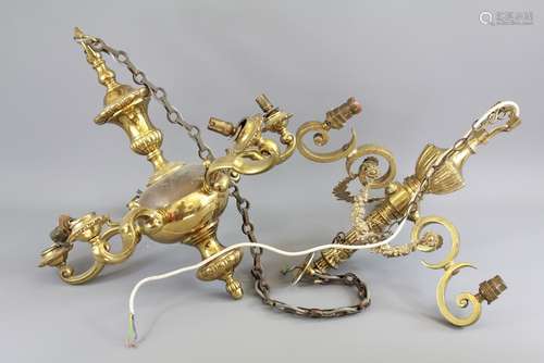 A Five Branch Brass Chandelier, together with a three branch chandelier