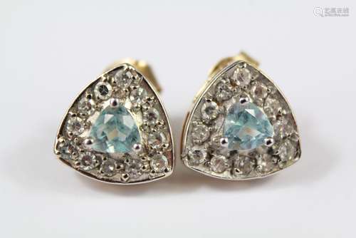 A Pair of 9ct Yellow Gold Aquamarine and Diamond Earrings, the triangular aquamarine measuring approx 4