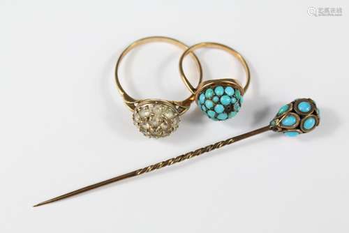 An Antique 9ct Yellow Gold and White Stone Ring, size X together with a 9ct yellow gold turquoise bee-hive ring size K and a turquoise gold-metal tie-stick, approx 9