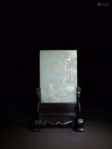 A HETIAN JADE SCREEN WITH WOOD BASE&STORY CARVING