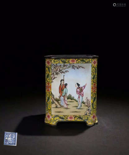 A ENAMELED COPPER BRUSH POT WITH STORY PAINTING