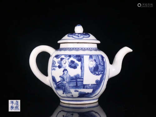 A KANGXI MARK BLUE&WHITE TEAPOT OF STORY DESIGN