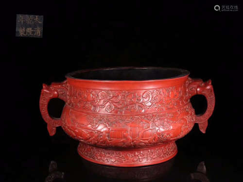 A RED LACQUER CENSER OF STORY CARVING