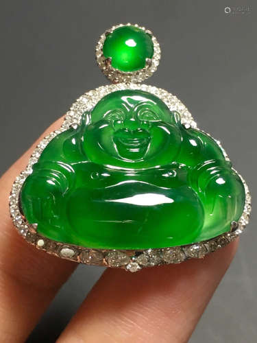 AN ICY ZHENGYANG GREEN JADEIET PENDANT IN BUDDHA SHAPED