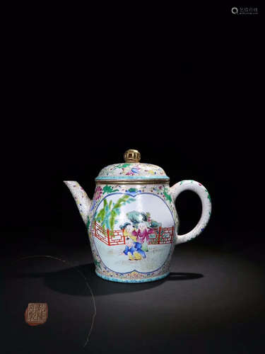 A QIANLONG MARK ENAMELED ZISHA TEAPOT