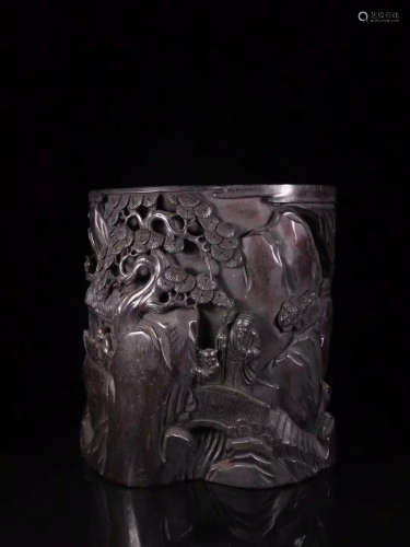 A ZITAN WOOD BRUSH POT WITH STORY CARVING