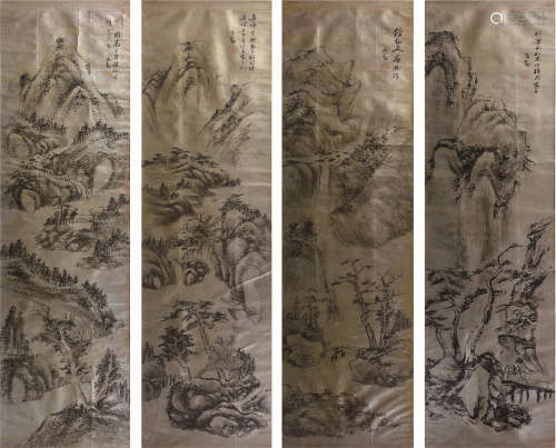范振绪 (1872-1960) 泥金纸山水四屏 水墨纸本 镜框