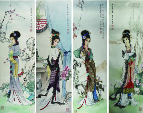 何晓峰 （1935-2001） 人物四屏 设色纸本 镜框