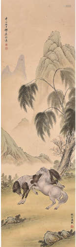 祁崑、马晋 （1901-1944）、（1900-1970） 山水双马 设色纸本 立轴