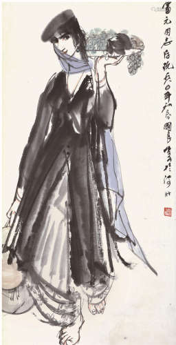 史国良 （b.1956） 维族少女 设色纸本 立轴