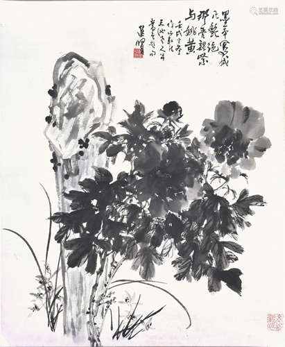 郝进贤 (1914-1993) 墨牡丹 水墨纸本 立轴