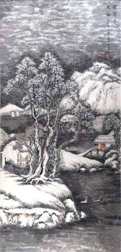 李金亭 （b.1938） 雪嶺界天白 设色纸本 镜框