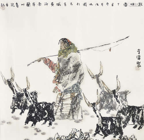 李伟 （b.1959） 牧归图 设色纸本 镜心