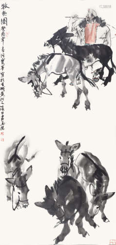 李宝峰 （1938-2019） 牧趣图 设色纸本 镜框