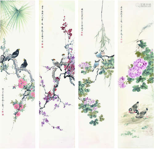 颜伯龙 （1898-1955） 花鸟四屏 设色纸本 立轴