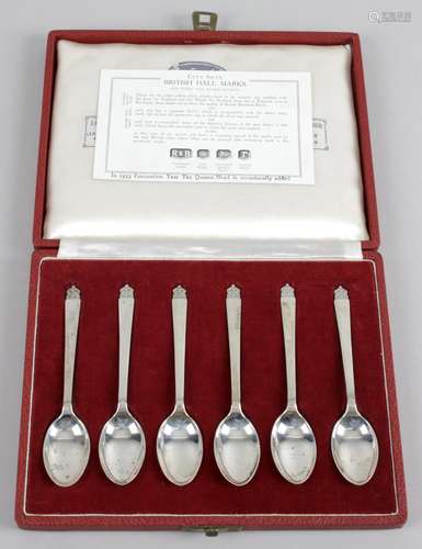 A cased mid-twentieth century silver commemorative set of British Hallmark teaspoons for the six