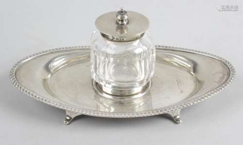 A late Victorian silver mounted glass ink pot,
