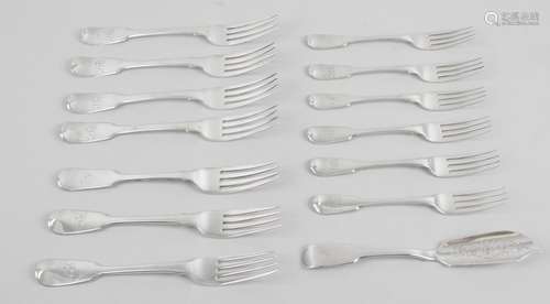 A selection of Fiddle pattern forks to include six late George III dessert forks,