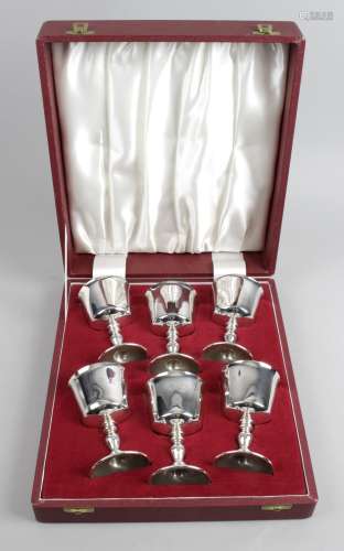A cased set of six modern silver goblets,