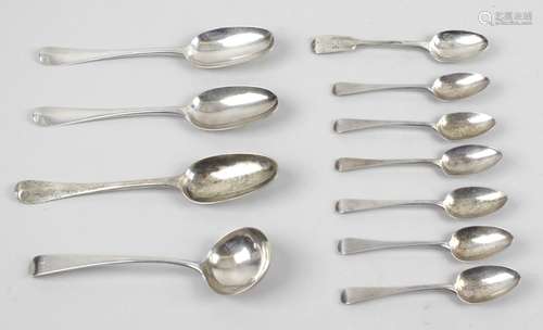 A pair of George II silver table spoons in Hanoverian pattern with short drop to heel,